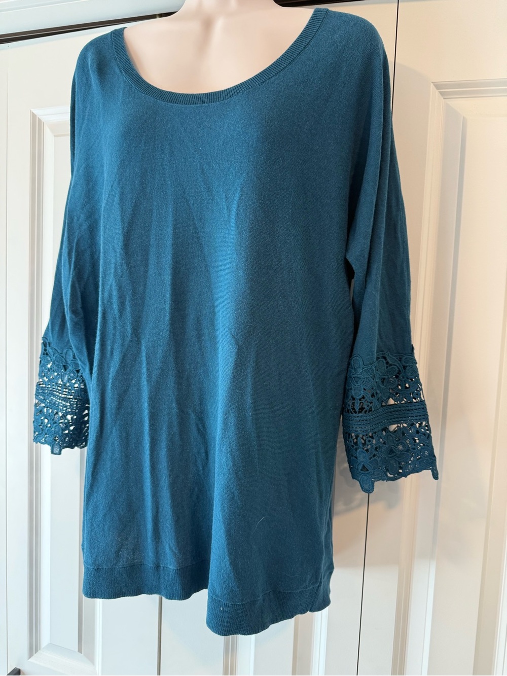 Talbots turquoise knit top tunic lace sleeve large L
